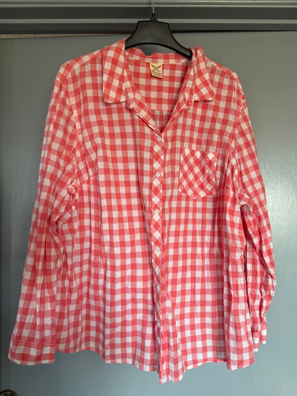 Faded Glory Pink Checked Women's 100% Cotton Button Top Long Sleeves sz 3X